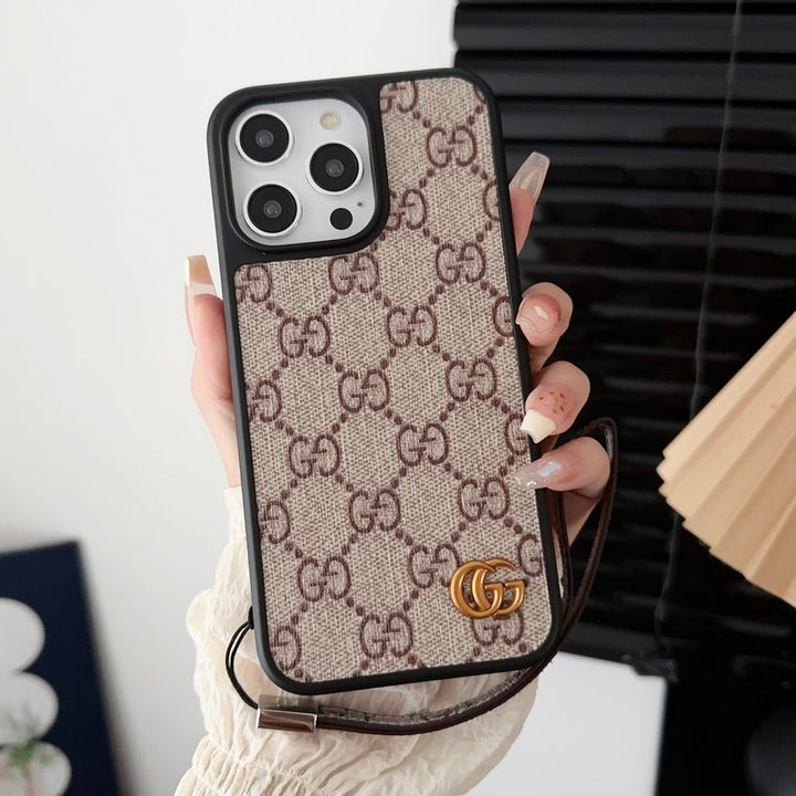 GG Monogram Leather Case with Hand Strap for iPhone 13-18 Pro & Pro Max