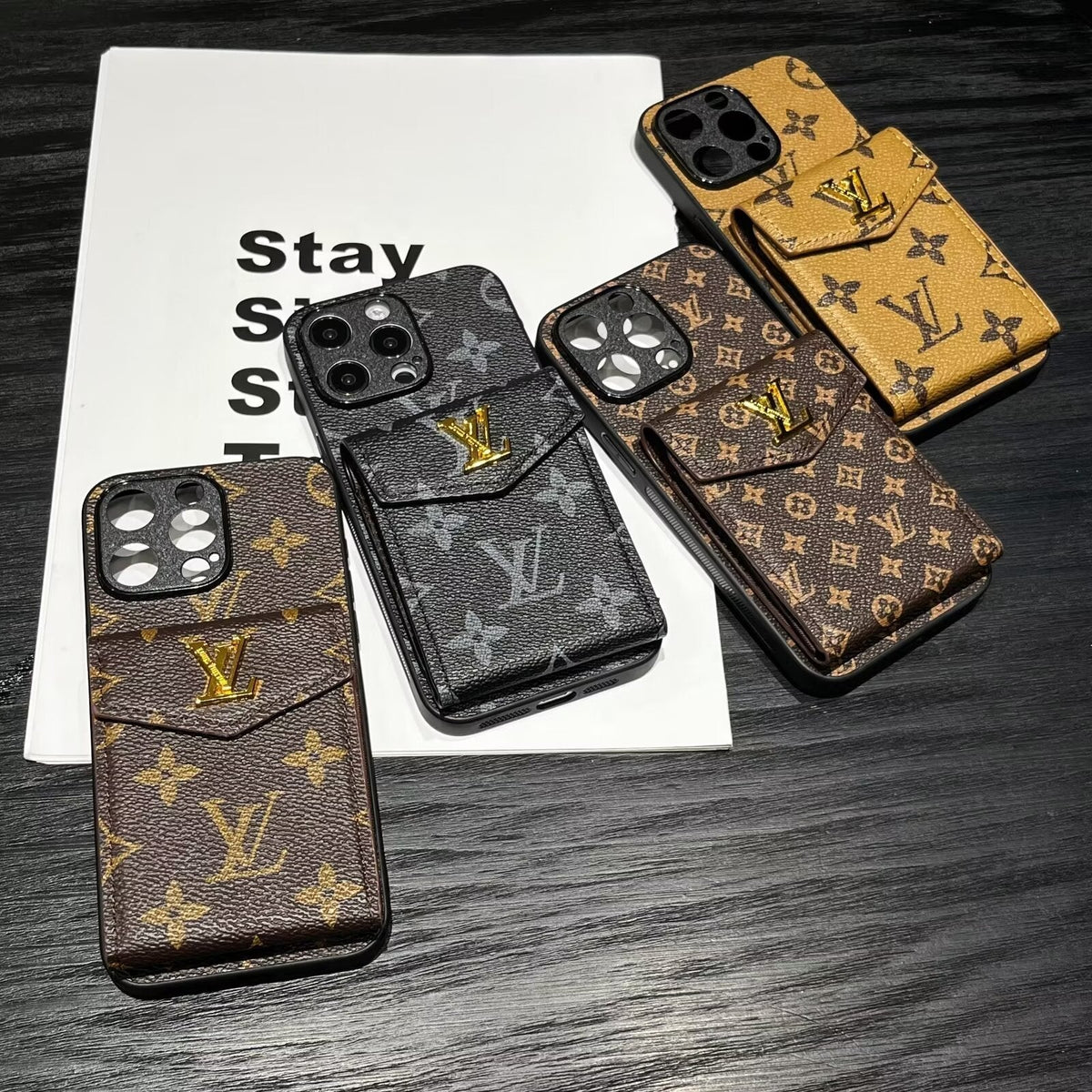 Luxury LV Leather Phone Case with Card Holder for iPhone 12-18 Pro & Pro Max
