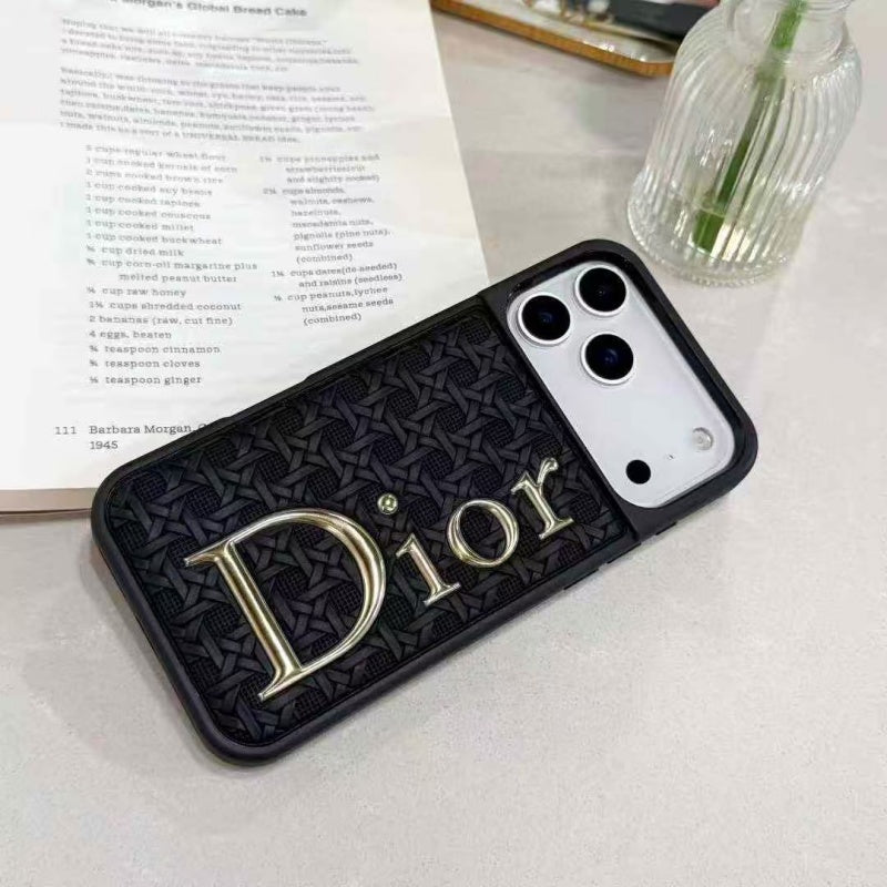 Luxury Cannage Weave Phone Case with Gold Dior Emblem for iPhone 12-18 Pro & Pro Max