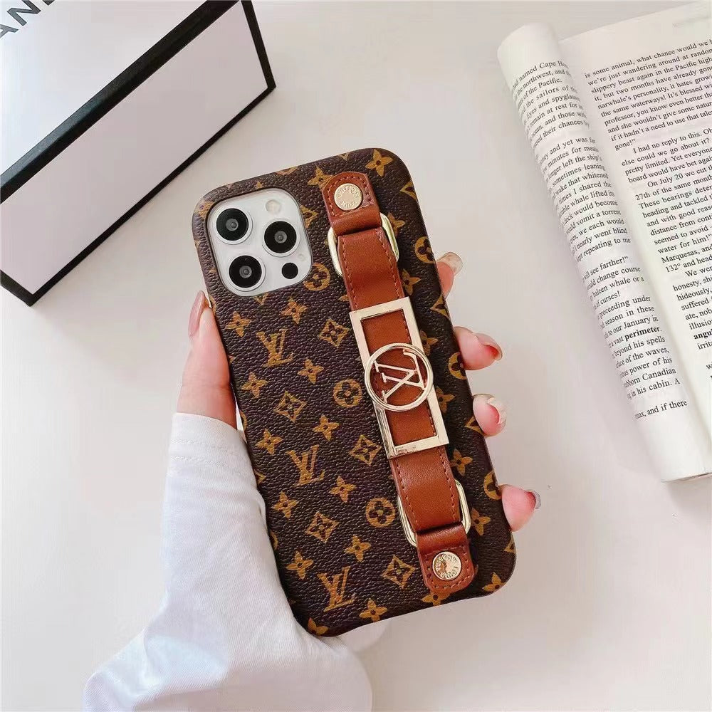 Luxury Monogram Leather Case with Wrist Strap Band for iPhone 12-18 Pro & Pro Max