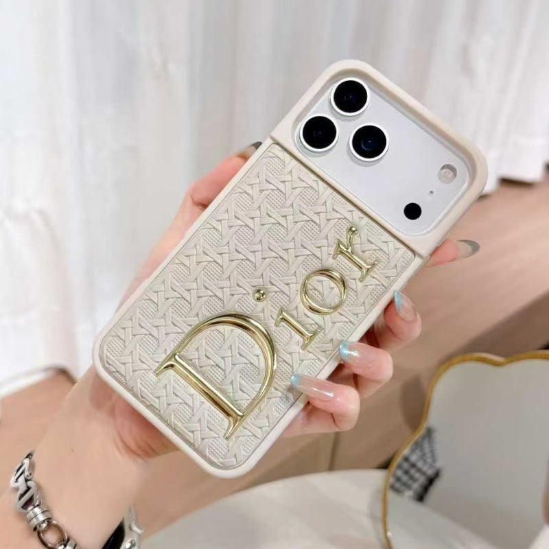 Luxury Cannage Weave Phone Case with Gold Dior Emblem for iPhone 12-18 Pro & Pro Max
