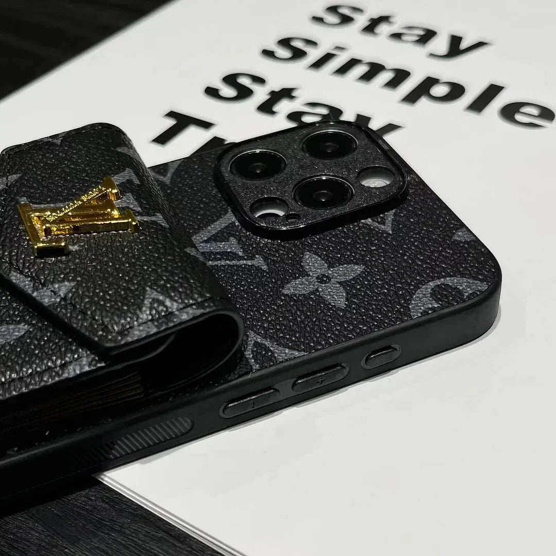 Luxury LV Leather Phone Case with Card Holder for iPhone 12-18 Pro & Pro Max