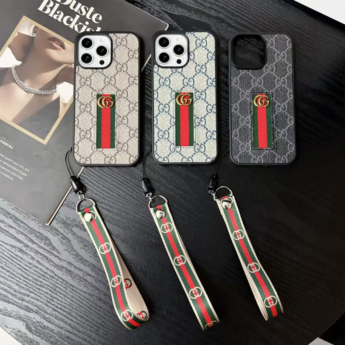 Premium GG Monogram Case with Web Wrist Strap for iPhone 12-18 Pro & Pro Max