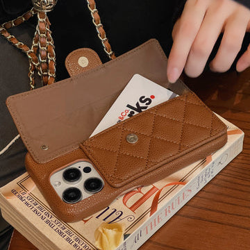CHN Quilted Caviar Leather Case with Flap Pocket for iPhone 12-18 Pro & Pro Max