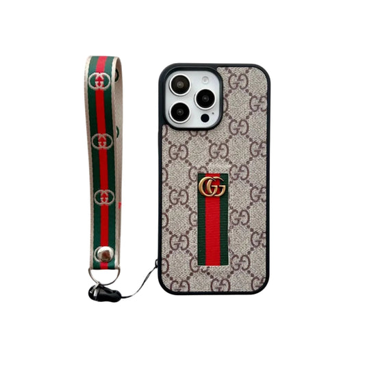 Premium GG Monogram Case with Web Wrist Strap for iPhone 12-18 Pro & Pro Max