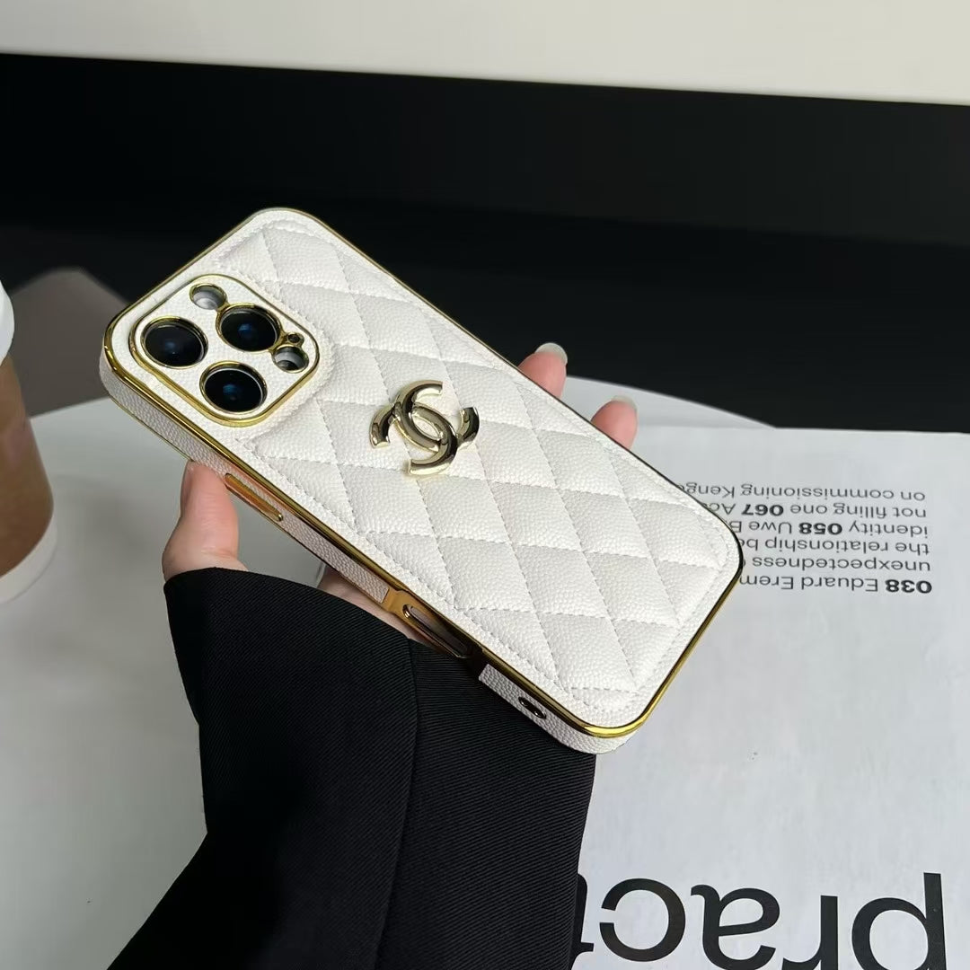 Luxury Chanel Cream Case with Gold Edge Frame for iPhone 12-18 Pro & Pro Max