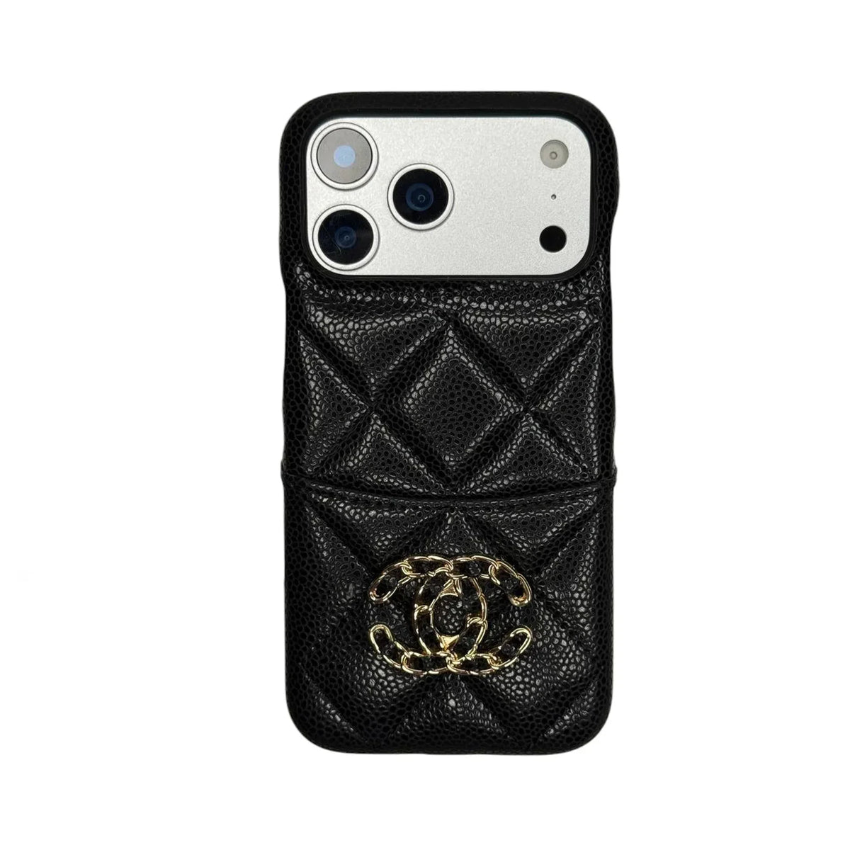 Chanel Quilted Caviar Leather Case with Chain Logo Emblem for iPhone 13-18 Pro & Pro Max