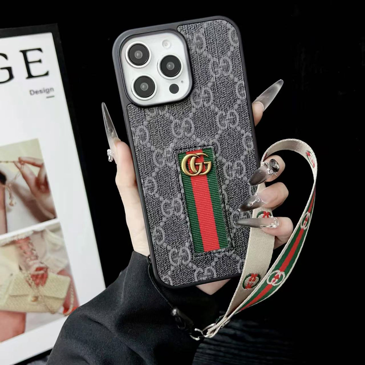 Premium GG Monogram Case with Web Wrist Strap for iPhone 12-18 Pro & Pro Max