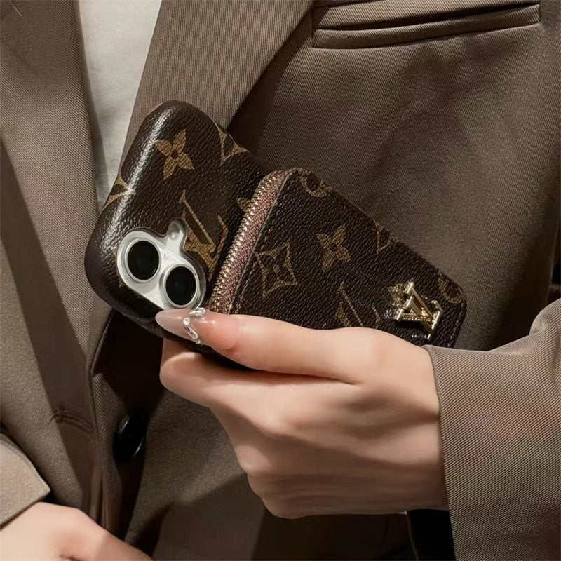 Monogram LV Leather iPhone Case with CardHolder Strap