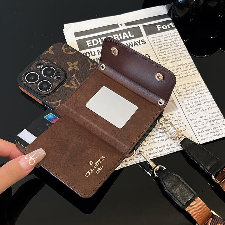 Lou Card Bag Chain Brown Phone Case with Strap for iPhone 12-18 Pro & Pro Max
