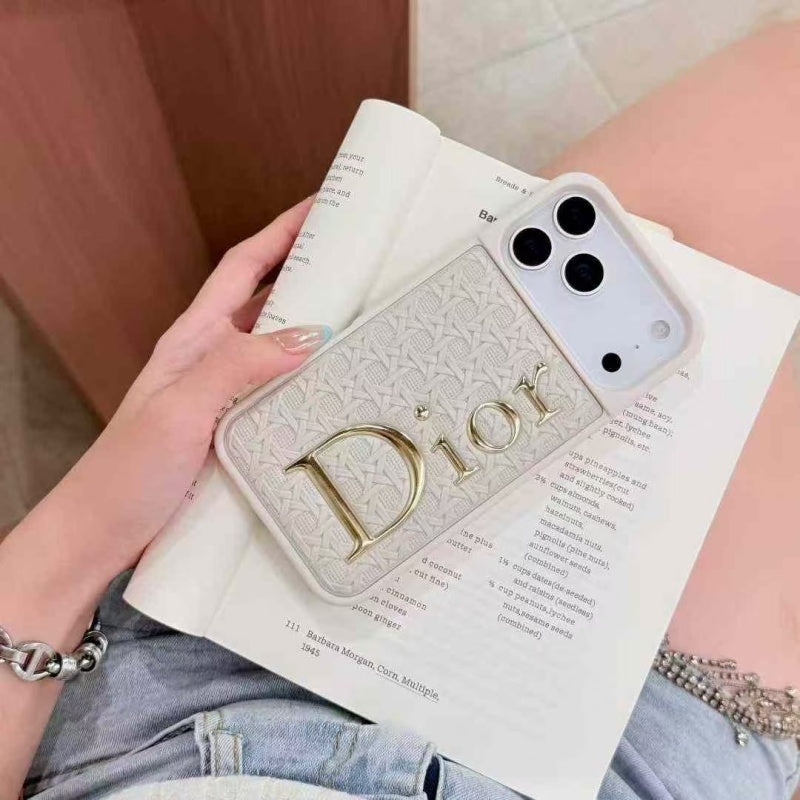 Luxury Cannage Weave Phone Case with Gold Dior Emblem for iPhone 12-18 Pro & Pro Max